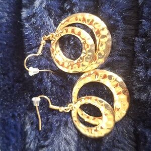 Hammered Gold Tone Double Hoop Dangle Earrings